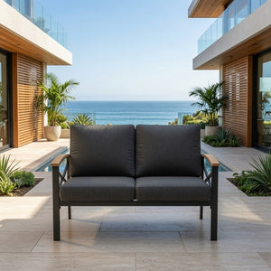 English Elm Heavy-duty Outdoor Loveseat Iron Frame Wood Armrests Washable Cushions Patio Seating Gray B082P532118