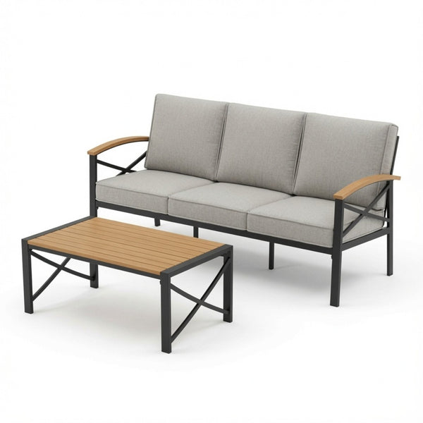 English Elm 2 Piece Outdoor Patio Sofa Set Heavy Iron Frame Washable Cushions Hdps Coffee Table Beige B082P532119