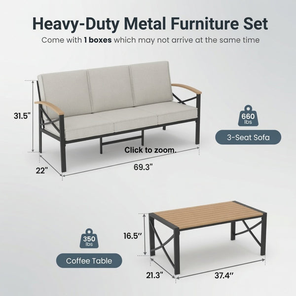 English Elm 2 Piece Outdoor Patio Sofa Set Heavy Iron Frame Washable Cushions Hdps Coffee Table Beige B082P532119