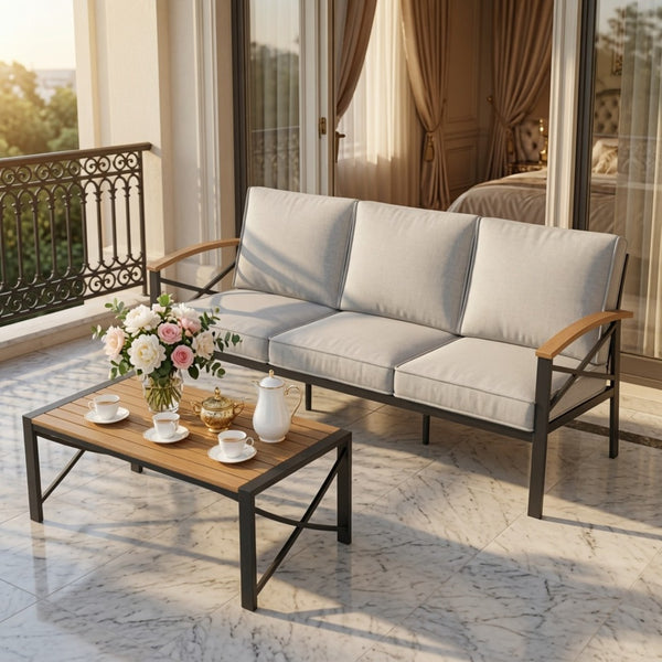 English Elm 2 Piece Outdoor Patio Sofa Set Heavy Iron Frame Washable Cushions Hdps Coffee Table Beige B082P532119