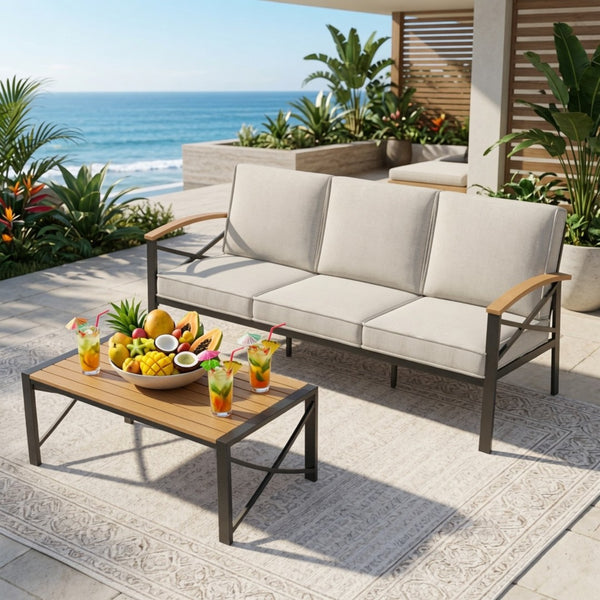 English Elm 2 Piece Outdoor Patio Sofa Set Heavy Iron Frame Washable Cushions Hdps Coffee Table Beige B082P532119