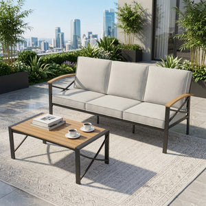 English Elm 2 Piece Outdoor Patio Sofa Set Heavy Iron Frame Washable Cushions Hdps Coffee Table Beige B082P532119