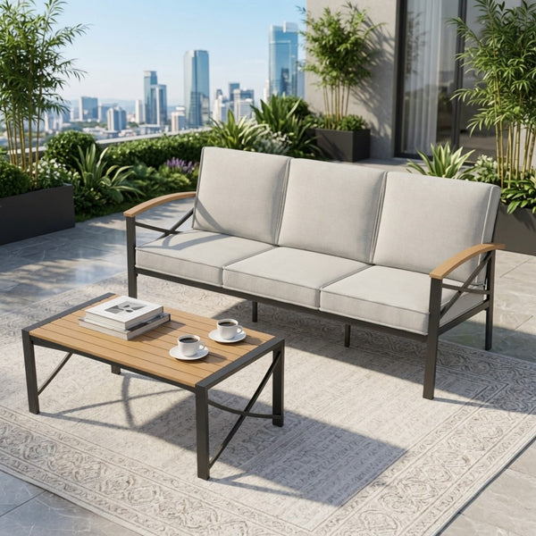 English Elm 2 Piece Outdoor Patio Sofa Set Heavy Iron Frame Washable Cushions Hdps Coffee Table Beige B082P532119