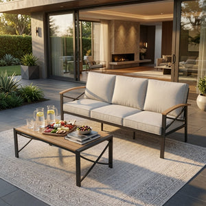 English Elm 2 Piece Outdoor Patio Sofa Set Heavy Iron Frame Washable Cushions Hdps Coffee Table Beige B082P532119