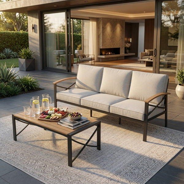 English Elm 2 Piece Outdoor Patio Sofa Set Heavy Iron Frame Washable Cushions Hdps Coffee Table Beige B082P532119
