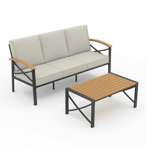 English Elm 2 Piece Outdoor Patio Sofa Set Heavy Iron Frame Washable Cushions Hdps Coffee Table Beige B082P532119