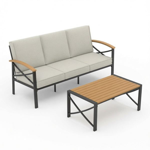 English Elm 2 Piece Outdoor Patio Sofa Set Heavy Iron Frame Washable Cushions Hdps Coffee Table Beige B082P532119