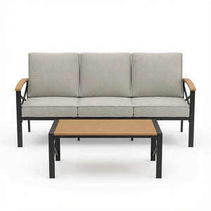 English Elm 2 Piece Outdoor Patio Sofa Set Heavy Iron Frame Washable Cushions Hdps Coffee Table Beige B082P532119