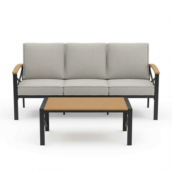 English Elm 2 Piece Outdoor Patio Sofa Set Heavy Iron Frame Washable Cushions Hdps Coffee Table Beige B082P532119