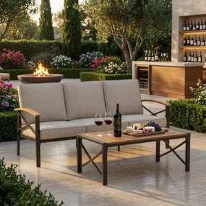 English Elm 2 Piece Outdoor Patio Sofa Set Heavy Iron Frame Washable Cushions Hdps Coffee Table Beige B082P532119