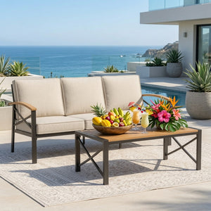 English Elm 2 Piece Outdoor Patio Sofa Set Heavy Iron Frame Washable Cushions Hdps Coffee Table Beige B082P532119
