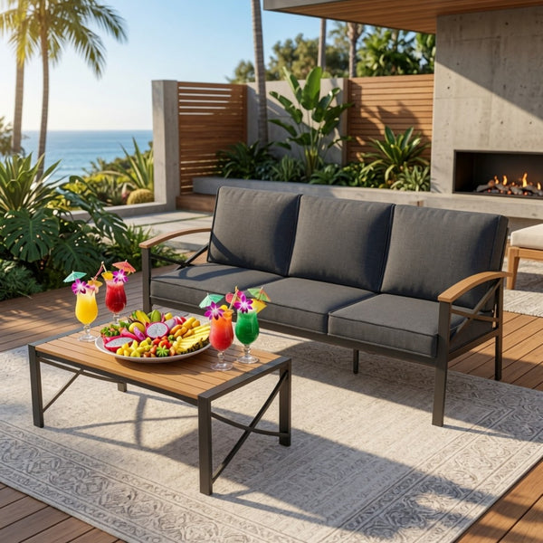 English Elm 2 Piece Outdoor Patio Sofa Set Heavy Iron Frame Washable Cushions Hdps Coffee Table Gray B082P532120