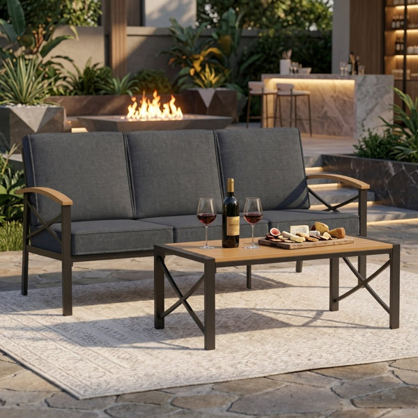English Elm 2 Piece Outdoor Patio Sofa Set Heavy Iron Frame Washable Cushions Hdps Coffee Table Gray B082P532120
