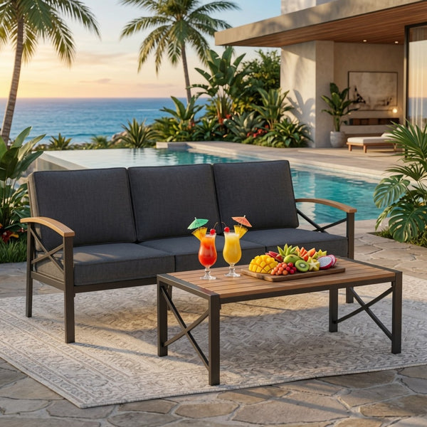 English Elm 2 Piece Outdoor Patio Sofa Set Heavy Iron Frame Washable Cushions Hdps Coffee Table Gray B082P532120