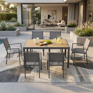 English Elm 59” 59" Outdoor Aluminum Rectangle Dining Table with Uv Resistant Hdps Slatted Top B082P533594