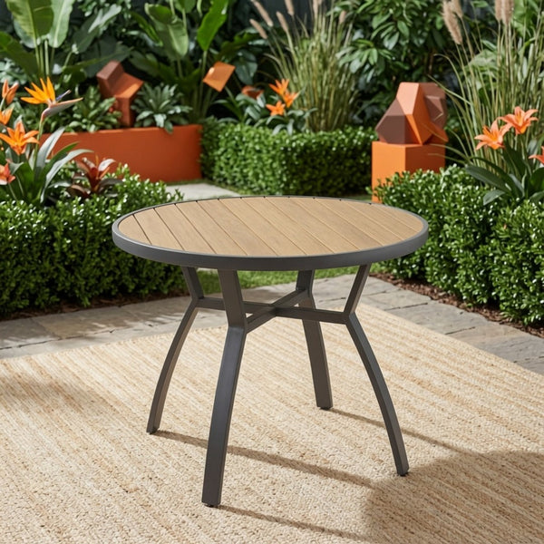 English Elm 35.4 Inch Round Outdoor Dining Table Aluminum Frame HDPS Slatted All Weather Patio B082P533599