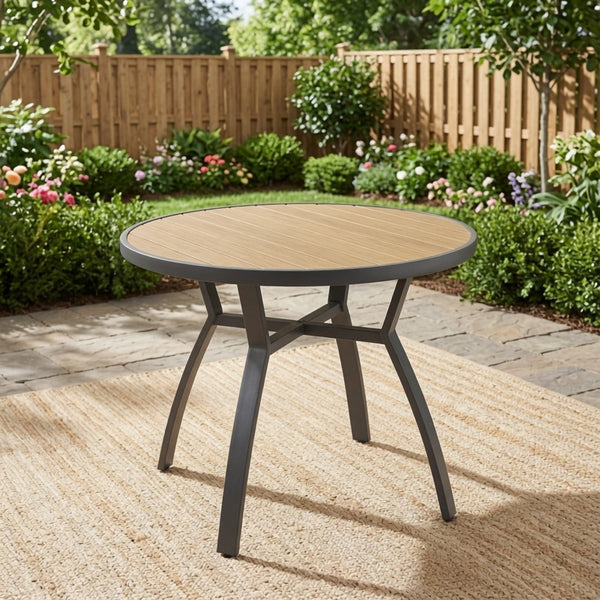 English Elm 35.4 Inch Round Outdoor Dining Table Aluminum Frame HDPS Slatted All Weather Patio B082P533599