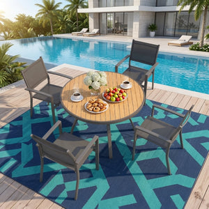 English Elm 35.4 Inch Round Outdoor Dining Table Aluminum Frame HDPS Slatted All Weather Patio B082P533599