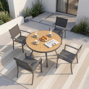 English Elm 35.4 Inch Round Outdoor Dining Table Aluminum Frame HDPS Slatted All Weather Patio B082P533599