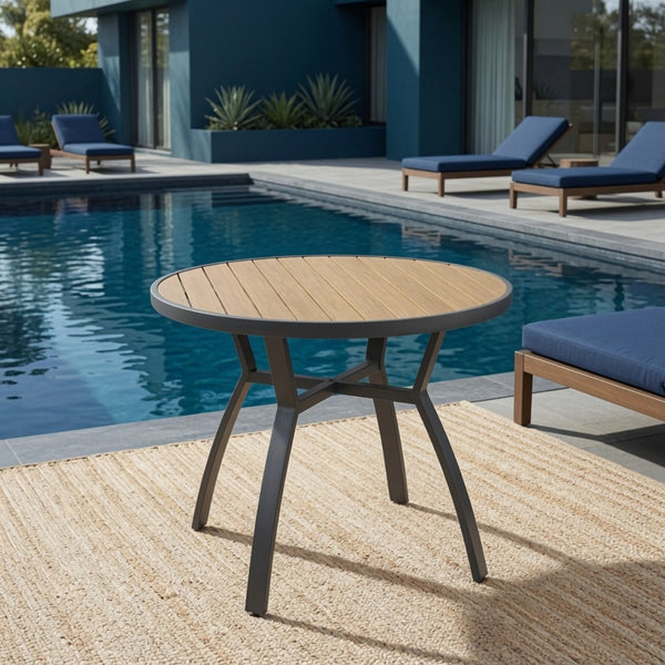 English Elm 35.4 Inch Round Outdoor Dining Table Aluminum Frame HDPS Slatted All Weather Patio B082P533599