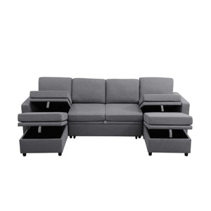English Elm 23.6 Inch Square Storage Ottoman in Dark Grey Sackcloth with Solid Wood Frame B082P557769