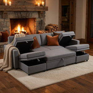 English Elm 23.6 Inch Square Storage Ottoman in Dark Grey Sackcloth with Solid Wood Frame B082P557769