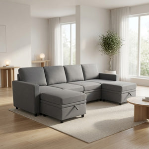English Elm 23.6 Inch Square Storage Ottoman in Dark Grey Sackcloth with Solid Wood Frame B082P557769