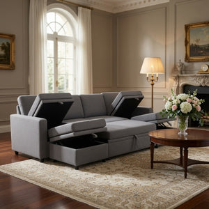 English Elm 23.6 Inch Square Storage Ottoman in Dark Grey Sackcloth with Solid Wood Frame B082P557769
