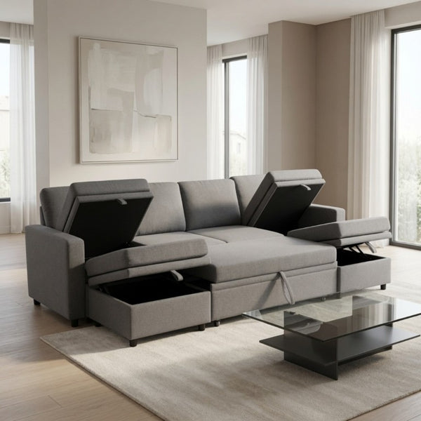 English Elm 23.6 Inch Square Storage Ottoman in Dark Grey Sackcloth with Solid Wood Frame B082P557769