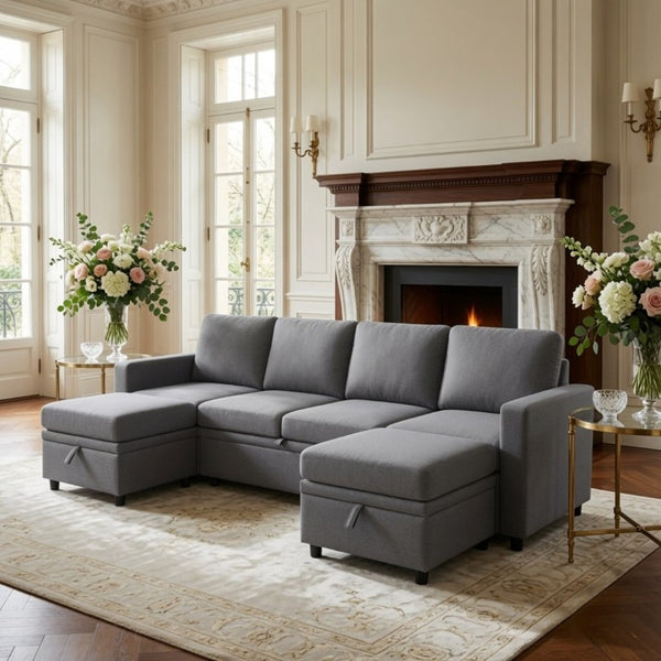 English Elm 23.6 Inch Square Storage Ottoman in Dark Grey Sackcloth with Solid Wood Frame B082P557769