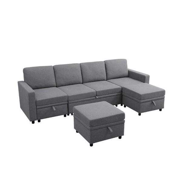 English Elm 23.6 Inch Square Storage Ottoman in Dark Grey Sackcloth with Solid Wood Frame B082P557769