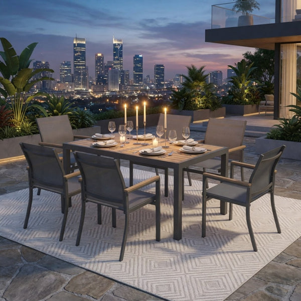 English Elm 7-piece Outdoor Aluminum Patio Dining Set Textilene Mesh Chairs Weather Resistant Table B082S00135