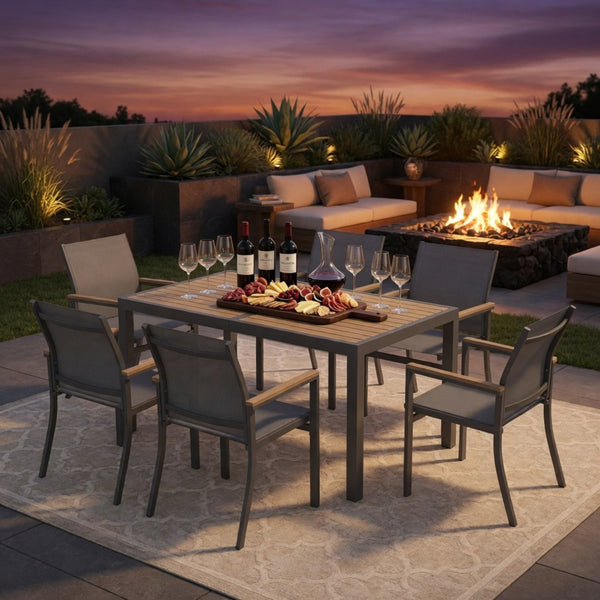 English Elm 7-piece Outdoor Aluminum Patio Dining Set Textilene Mesh Chairs Weather Resistant Table B082S00135