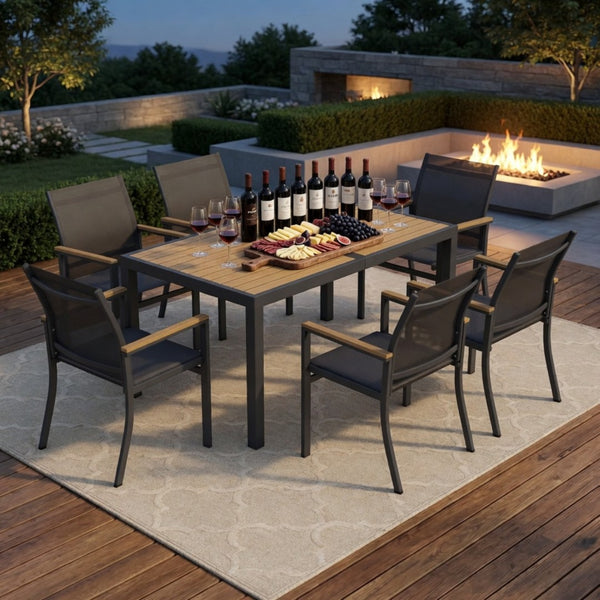English Elm 7-piece Outdoor Aluminum Patio Dining Set Textilene Mesh Chairs Weather Resistant Table B082S00135