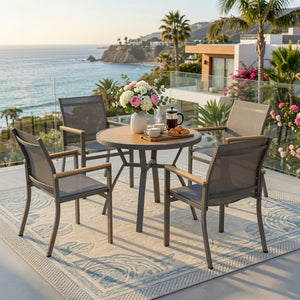 English Elm 5-Piece Outdoor Aluminum Dining Set with Round HDPS Table and Textilene Mesh Armchairs B082S00137