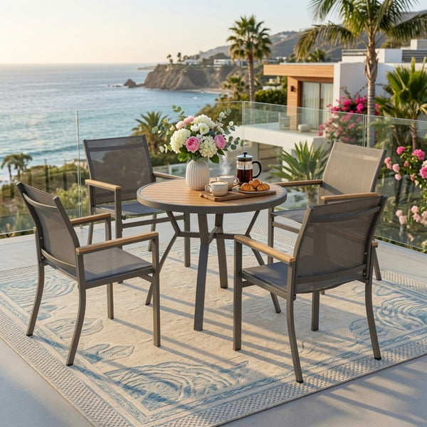 English Elm 5-Piece Outdoor Aluminum Dining Set with Round HDPS Table and Textilene Mesh Armchairs B082S00137