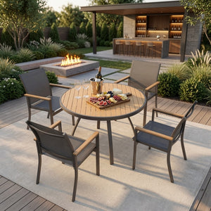 English Elm 5-Piece Outdoor Aluminum Dining Set with Round HDPS Table and Textilene Mesh Armchairs B082S00137