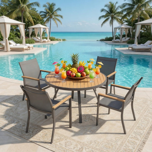 English Elm 5-Piece Outdoor Aluminum Dining Set with Round HDPS Table and Textilene Mesh Armchairs B082S00137