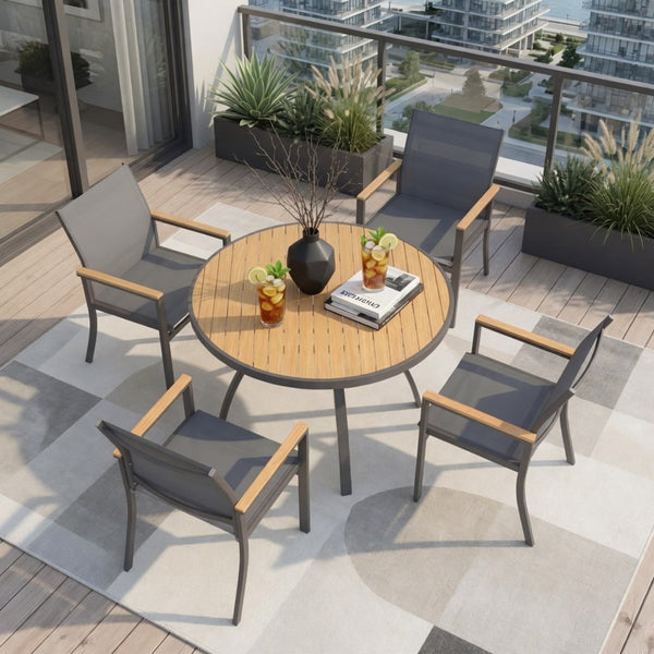 English Elm 5-Piece Outdoor Aluminum Dining Set with Round HDPS Table and Textilene Mesh Armchairs B082S00137