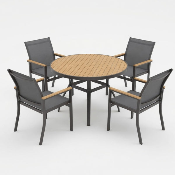 English Elm 5-Piece Outdoor Aluminum Dining Set with Round HDPS Table and Textilene Mesh Armchairs B082S00137
