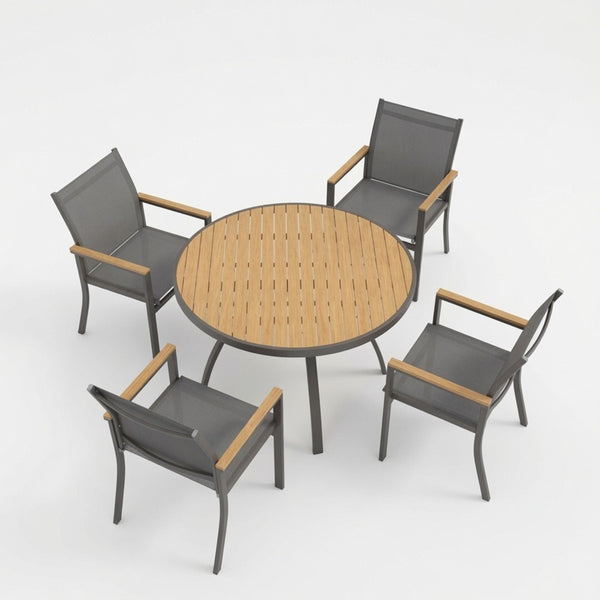English Elm 5-Piece Outdoor Aluminum Dining Set with Round HDPS Table and Textilene Mesh Armchairs B082S00137