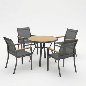 English Elm 5-Piece Outdoor Aluminum Dining Set with Round HDPS Table and Textilene Mesh Armchairs B082S00137