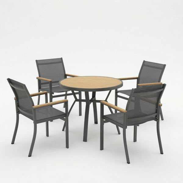 English Elm 5-Piece Outdoor Aluminum Dining Set with Round HDPS Table and Textilene Mesh Armchairs B082S00137
