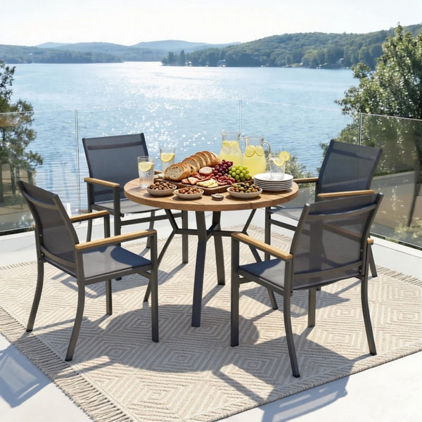 English Elm 5-Piece Outdoor Aluminum Dining Set with Round HDPS Table and Textilene Mesh Armchairs B082S00137