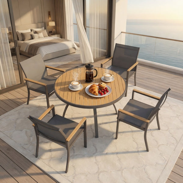 English Elm 5-Piece Outdoor Aluminum Dining Set with Round HDPS Table and Textilene Mesh Armchairs B082S00137