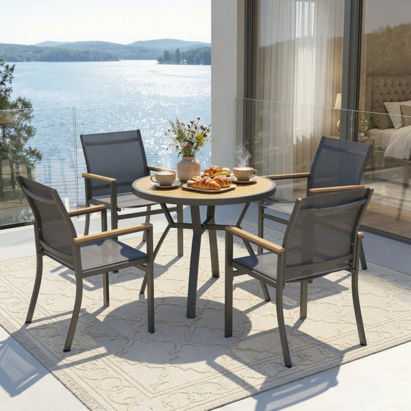 English Elm 5-Piece Outdoor Aluminum Dining Set with Round HDPS Table and Textilene Mesh Armchairs B082S00137