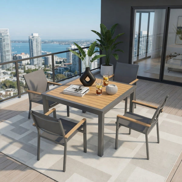 English Elm 5-Piece Aluminum Outdoor Dining Set with Textilene Mesh Chairs and Square HDPS Table B082S00138