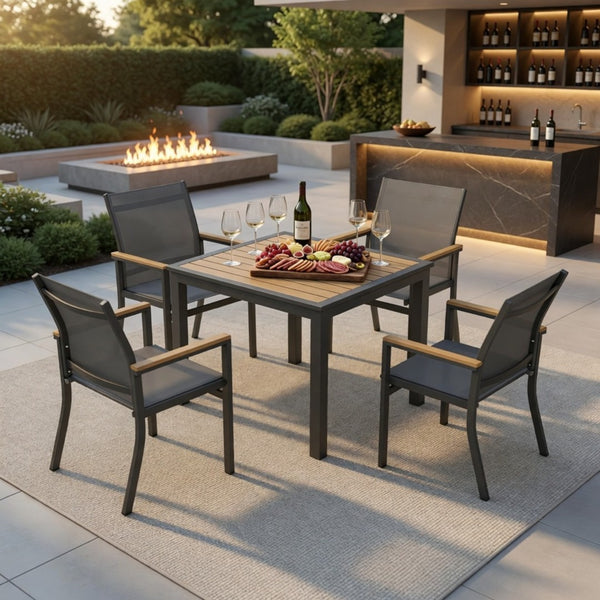 English Elm 5-Piece Aluminum Outdoor Dining Set with Textilene Mesh Chairs and Square HDPS Table B082S00138