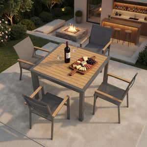 English Elm 5-Piece Aluminum Outdoor Dining Set with Textilene Mesh Chairs and Square HDPS Table B082S00138