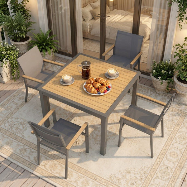 English Elm 5-Piece Aluminum Outdoor Dining Set with Textilene Mesh Chairs and Square HDPS Table B082S00138